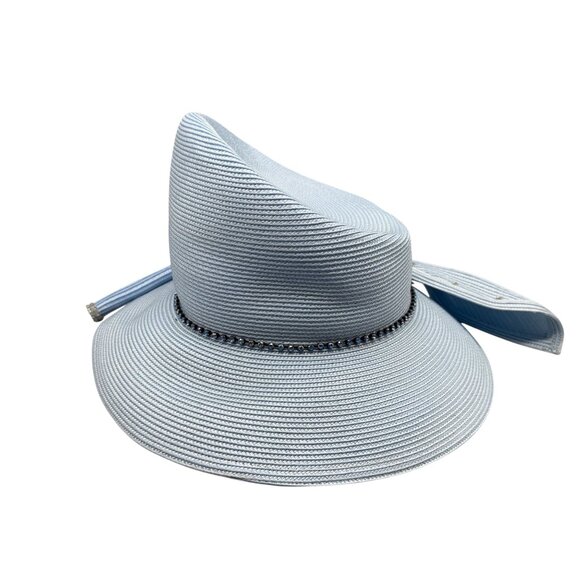 Mr. Song Millinery Women\'s Hat Light Blue Rhinestones Woven Church Derby Vintage